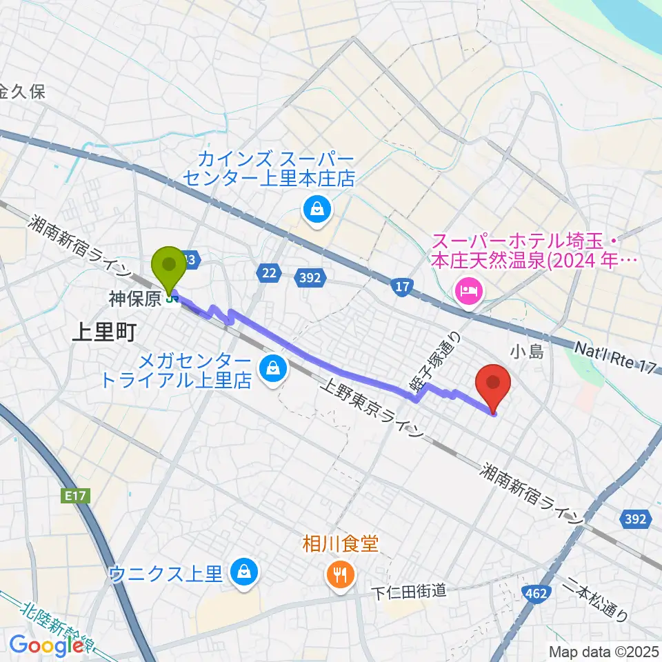 荒井經子音楽教室の最寄駅神保原駅からの徒歩ルート（約32分）地図