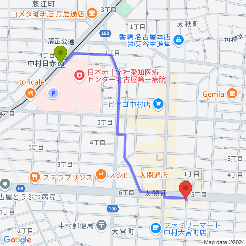 中村日赤駅からピアノ教室luce（ルーチェ）中村教室へのルートマップ地図