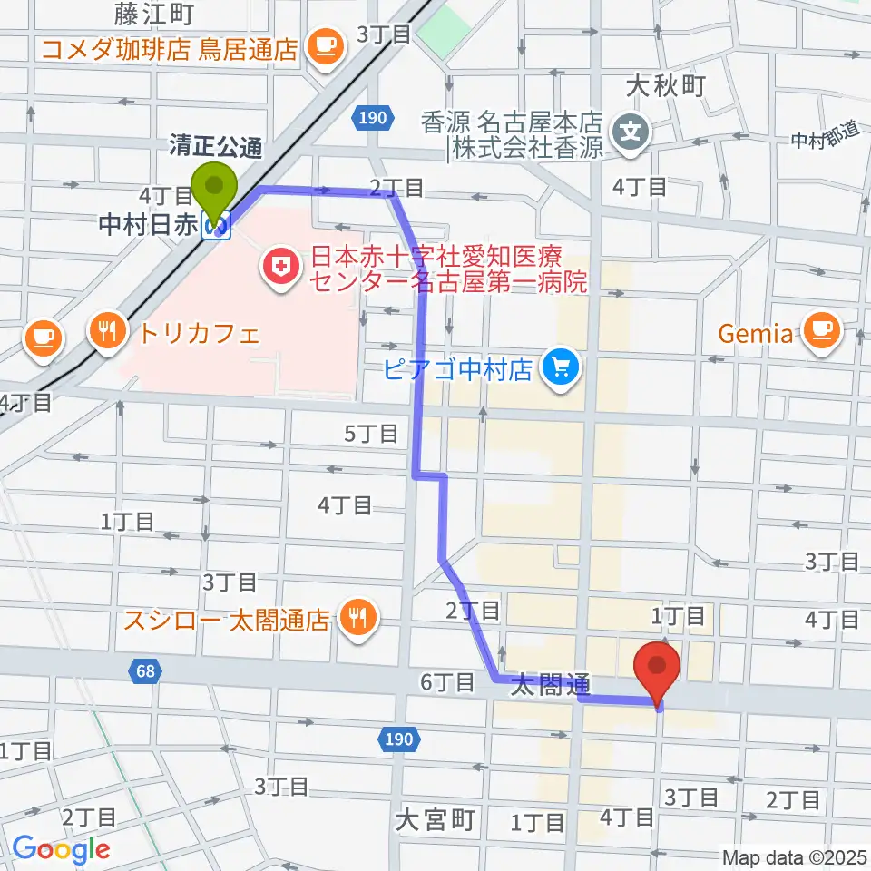 中村日赤駅からピアノ教室luce（ルーチェ）中村教室へのルートマップ地図