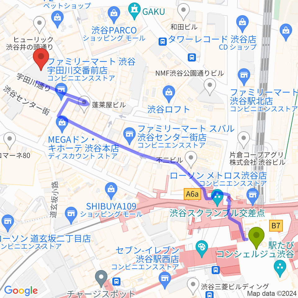 イシバシ楽器 渋谷店の最寄駅渋谷駅からの徒歩ルート（約7分）地図
