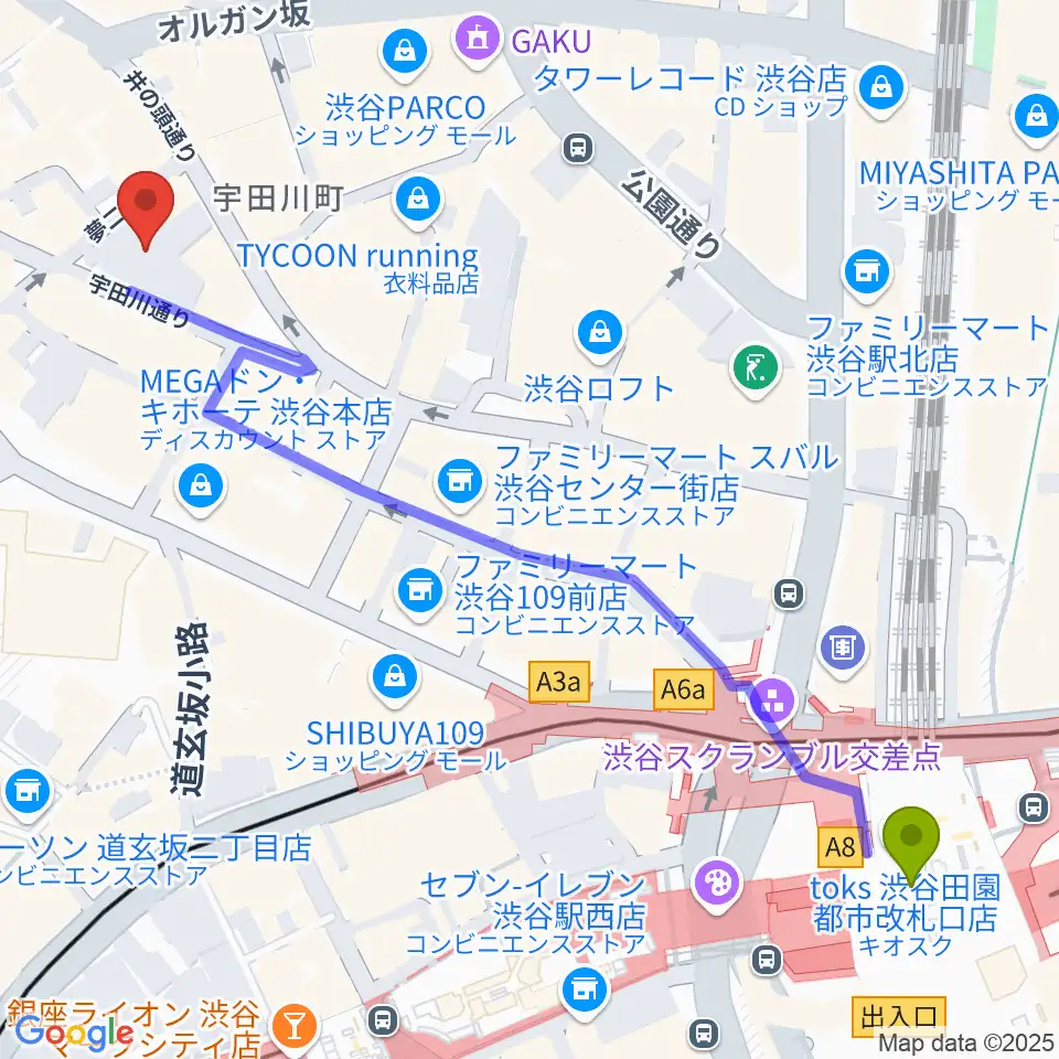 イシバシ楽器 渋谷店の最寄駅渋谷駅からの徒歩ルート（約7分）地図