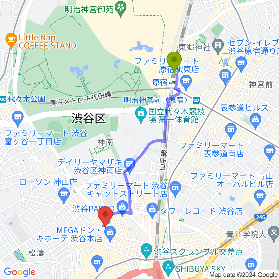 原宿駅からイシバシ楽器 渋谷店へのルートマップ地図