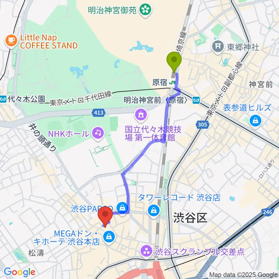 原宿駅からイシバシ楽器 渋谷店へのルートマップ地図
