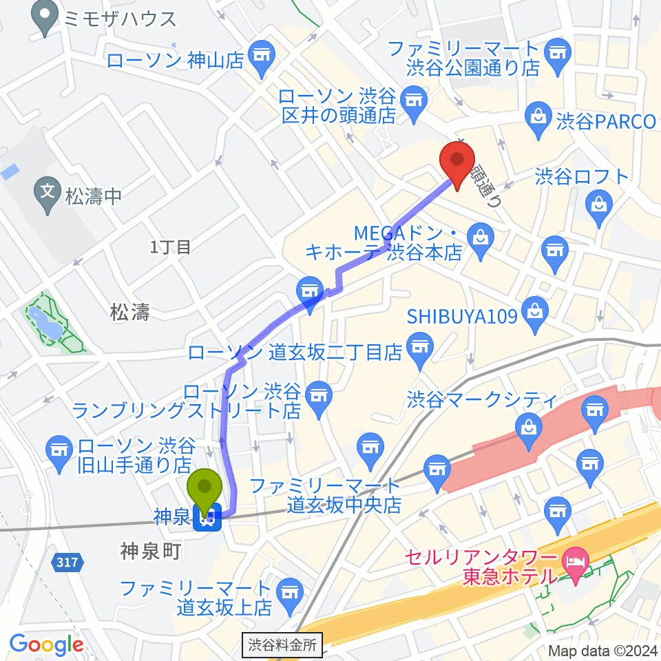 神泉駅からイシバシ楽器 渋谷店へのルートマップ地図