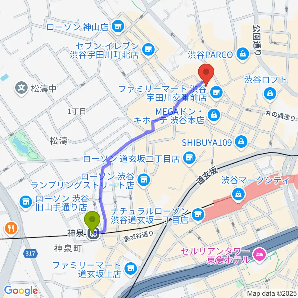 神泉駅からイシバシ楽器 渋谷店へのルートマップ地図