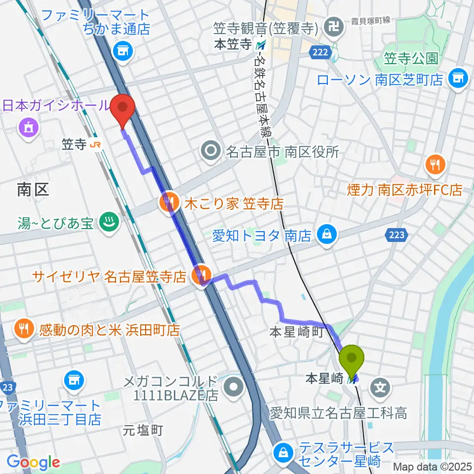 本星崎駅からナナ音楽教室へのルートマップ地図