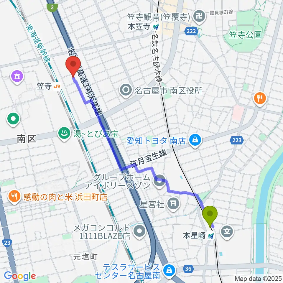 本星崎駅からナナ音楽教室へのルートマップ地図