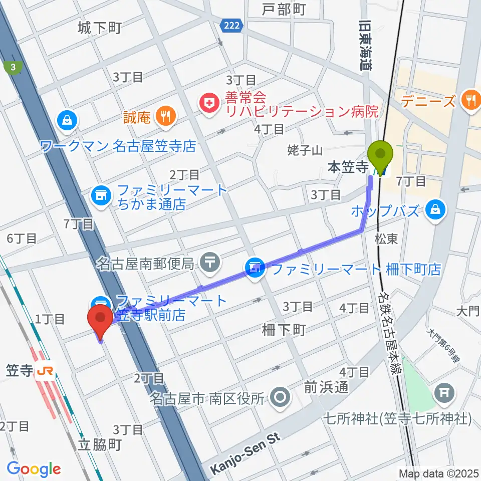 本笠寺駅からナナ音楽教室へのルートマップ地図