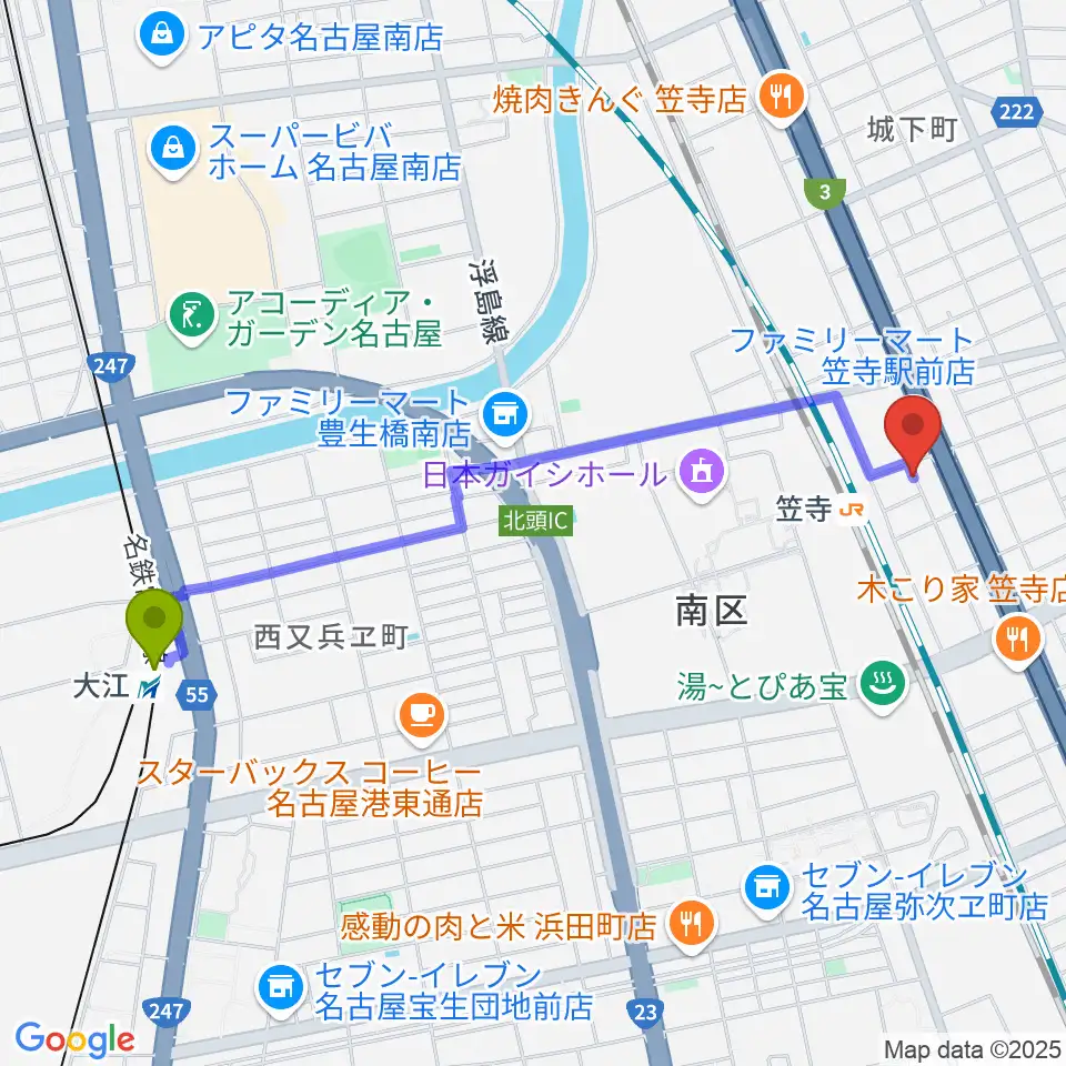 大江駅からナナ音楽教室へのルートマップ地図