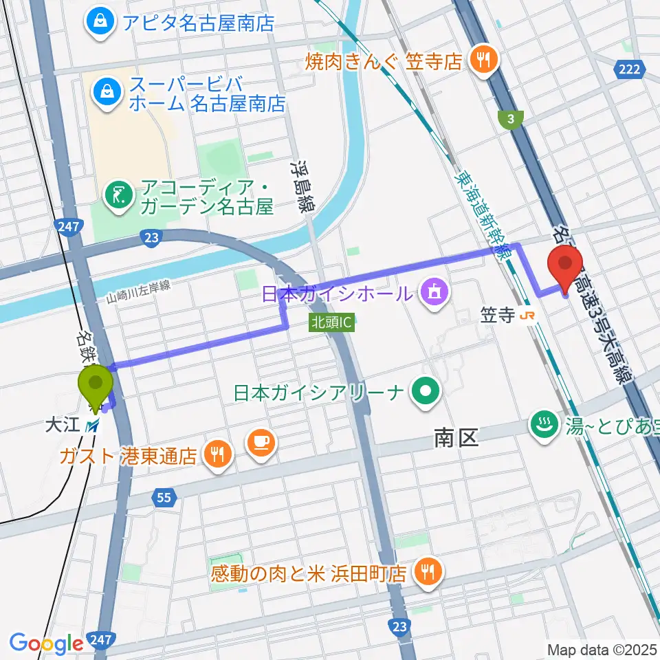 大江駅からナナ音楽教室へのルートマップ地図