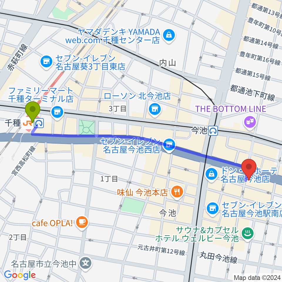 千種駅からクラブナージ音楽教室 今池校へのルートマップ地図