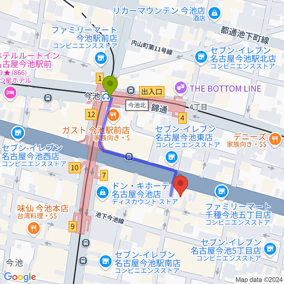 クラブナージ音楽教室 今池校の最寄駅今池駅からの徒歩ルート（約3分）地図