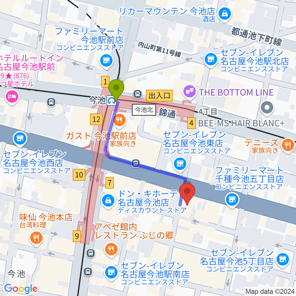 クラブナージ音楽教室 今池校の最寄駅今池駅からの徒歩ルート（約3分）地図