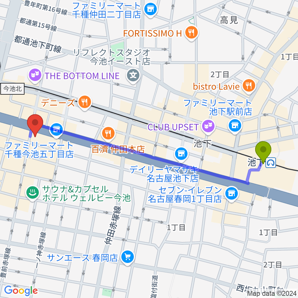 池下駅からクラブナージ音楽教室 今池校へのルートマップ地図