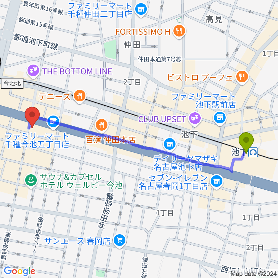 池下駅からクラブナージ音楽教室 今池校へのルートマップ地図