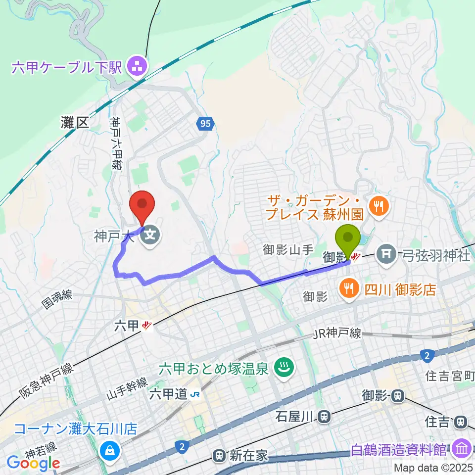 御影駅から麦谷和代ピアノ教室へのルートマップ地図