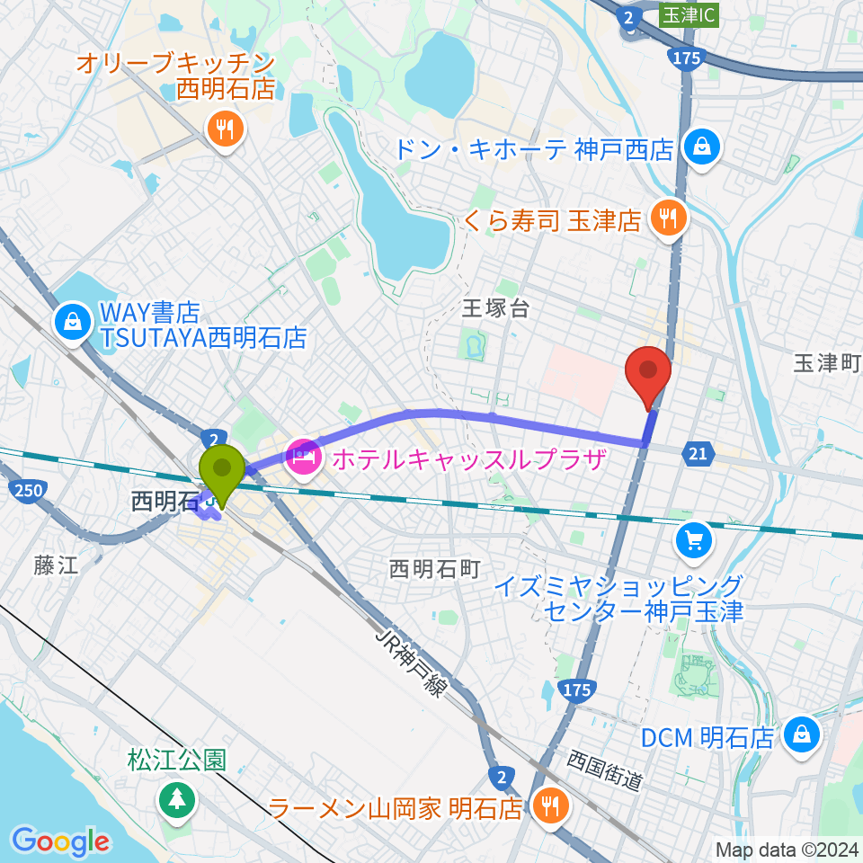 ドリーム・ステップ音楽教室の最寄駅西明石駅からの徒歩ルート（約32分）地図