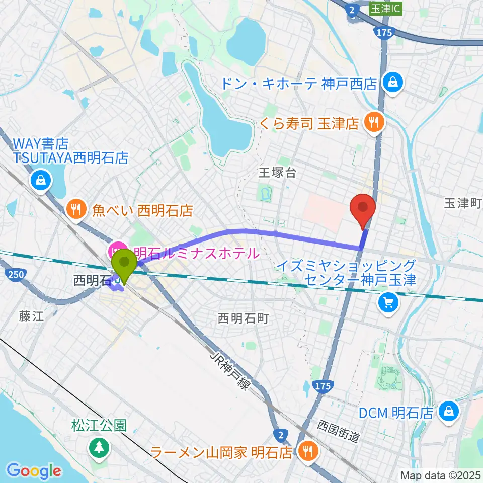 ドリーム・ステップ音楽教室の最寄駅西明石駅からの徒歩ルート（約32分）地図