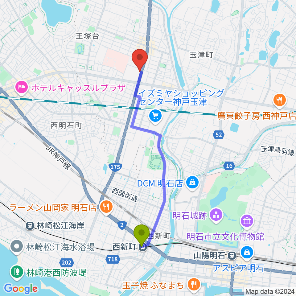 西新町駅からドリーム・ステップ音楽教室へのルートマップ地図