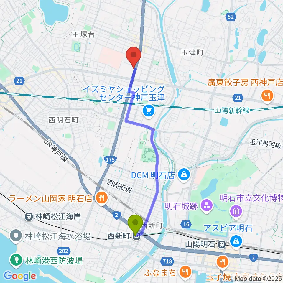 西新町駅からドリーム・ステップ音楽教室へのルートマップ地図