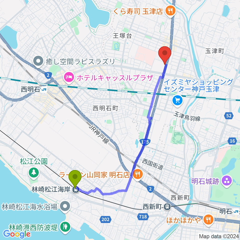 林崎松江海岸駅からドリーム・ステップ音楽教室へのルートマップ地図