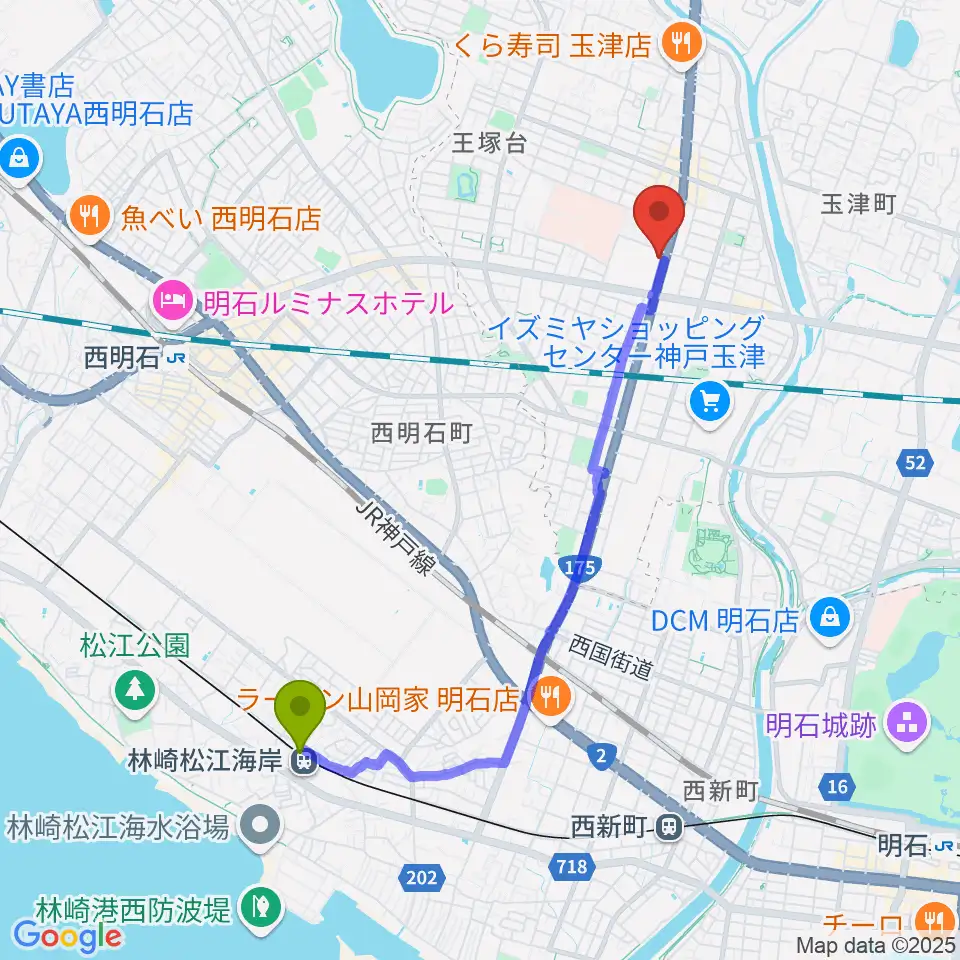 林崎松江海岸駅からドリーム・ステップ音楽教室へのルートマップ地図