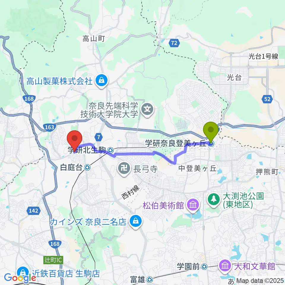 学研奈良登美ヶ丘駅から中瀬ピアノ教室へのルートマップ地図