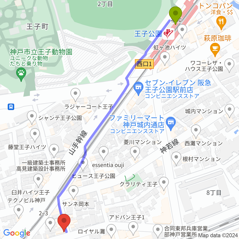 王子公園駅からサークル音楽教室へのルートマップ地図