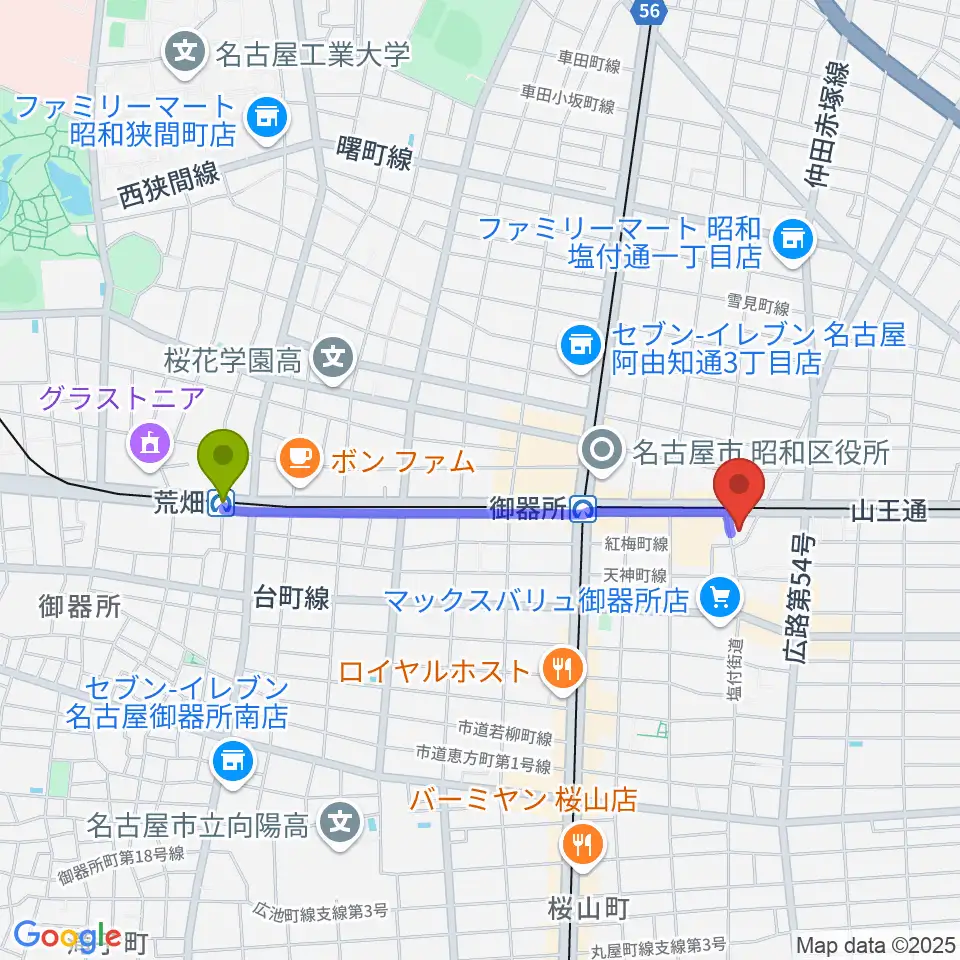 荒畑駅から名古屋音楽館へのルートマップ地図