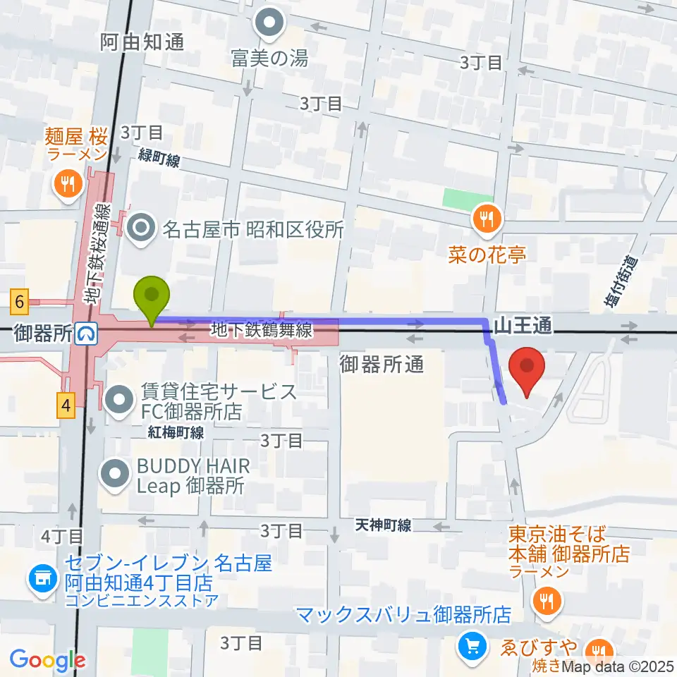 名古屋音楽館の最寄駅御器所駅からの徒歩ルート（約4分）地図