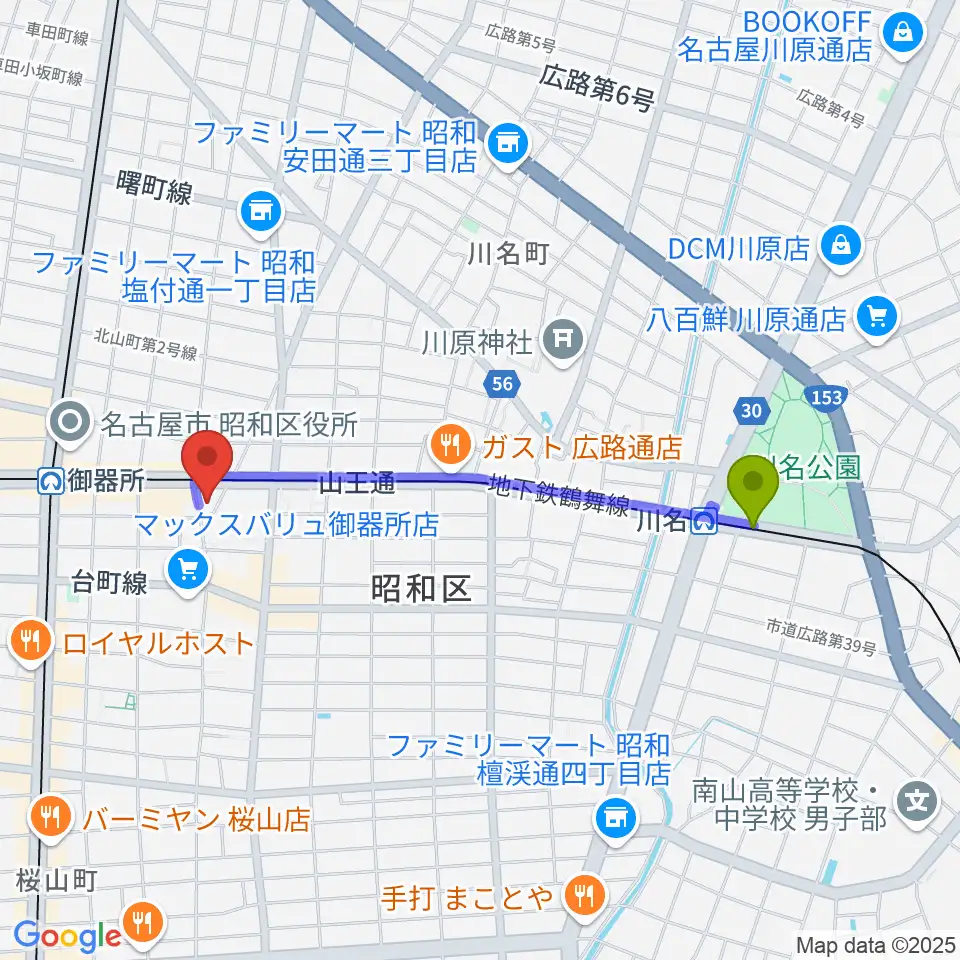 川名駅から名古屋音楽館へのルートマップ地図