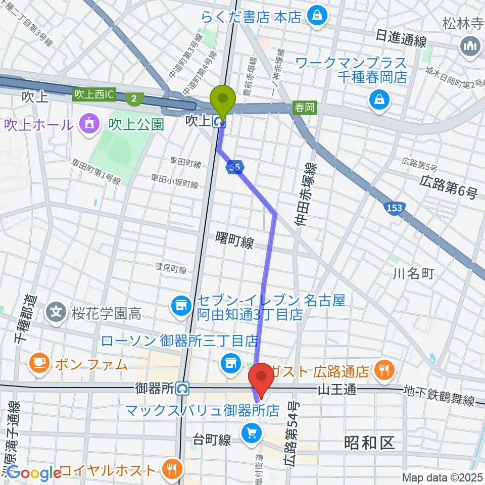 吹上駅から名古屋音楽館へのルートマップ地図
