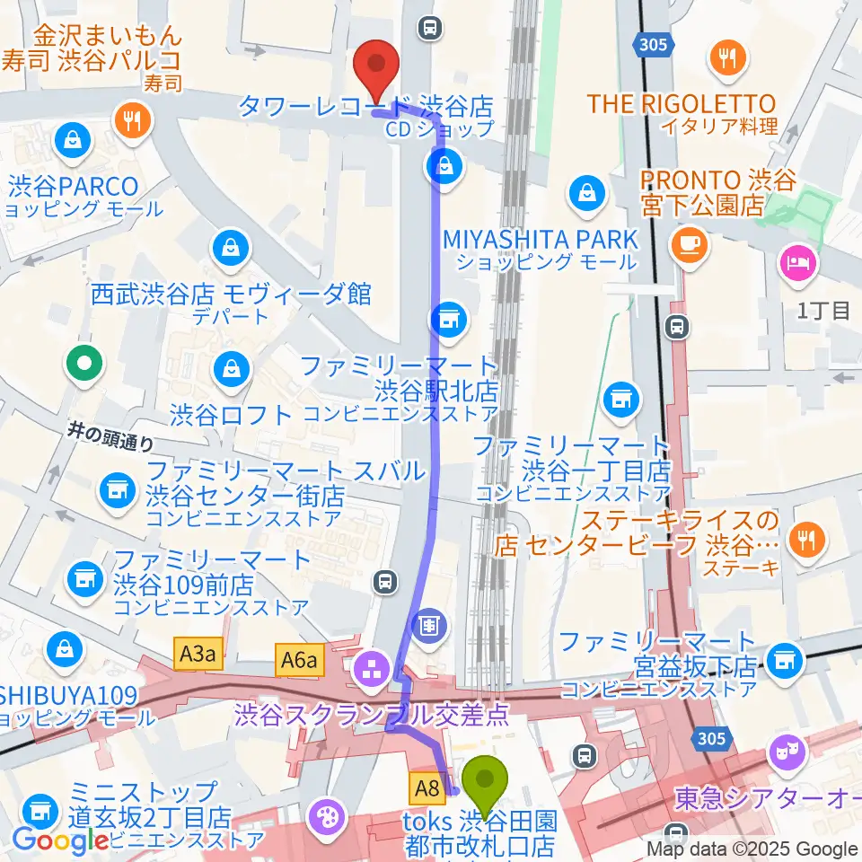 えちごやミュージックの最寄駅渋谷駅からの徒歩ルート（約6分）地図