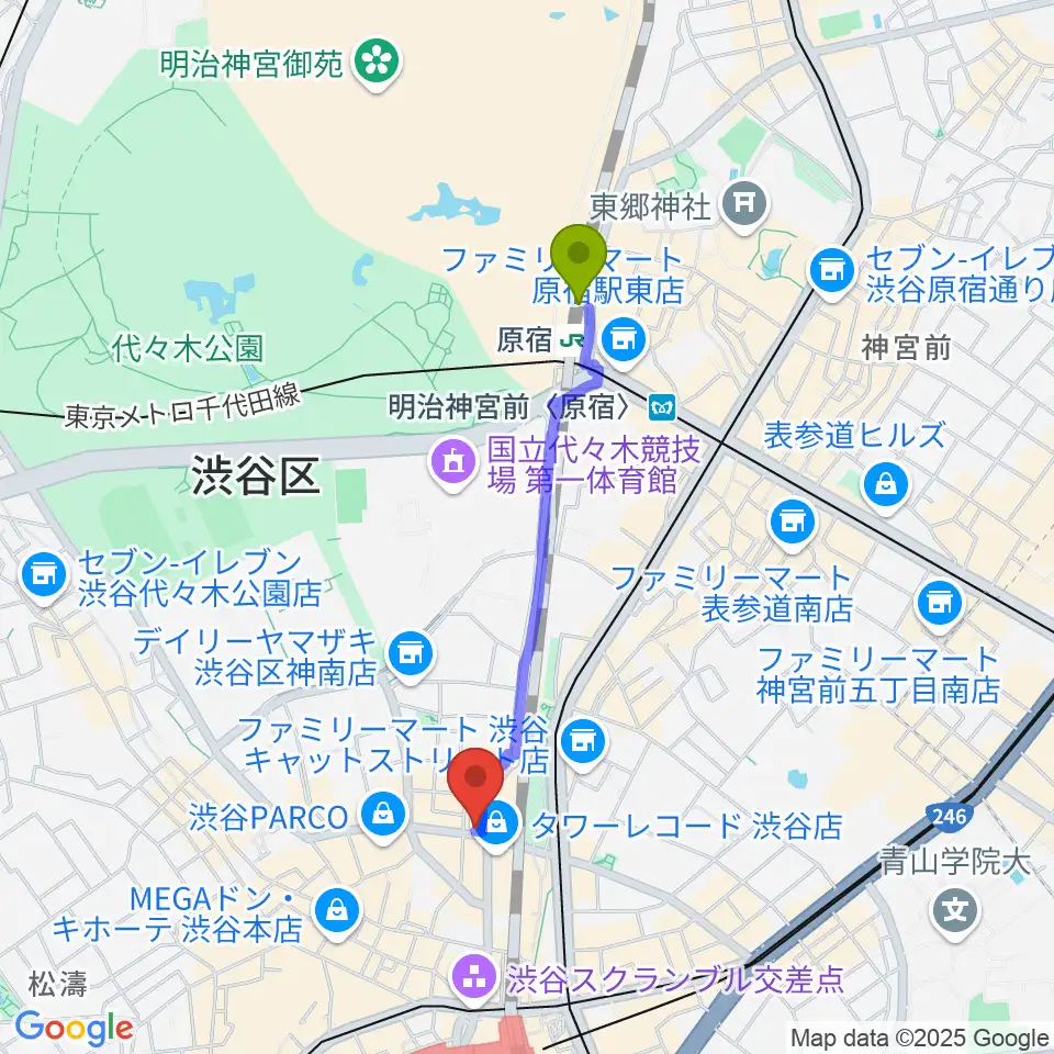 原宿駅からえちごやミュージックへのルートマップ地図