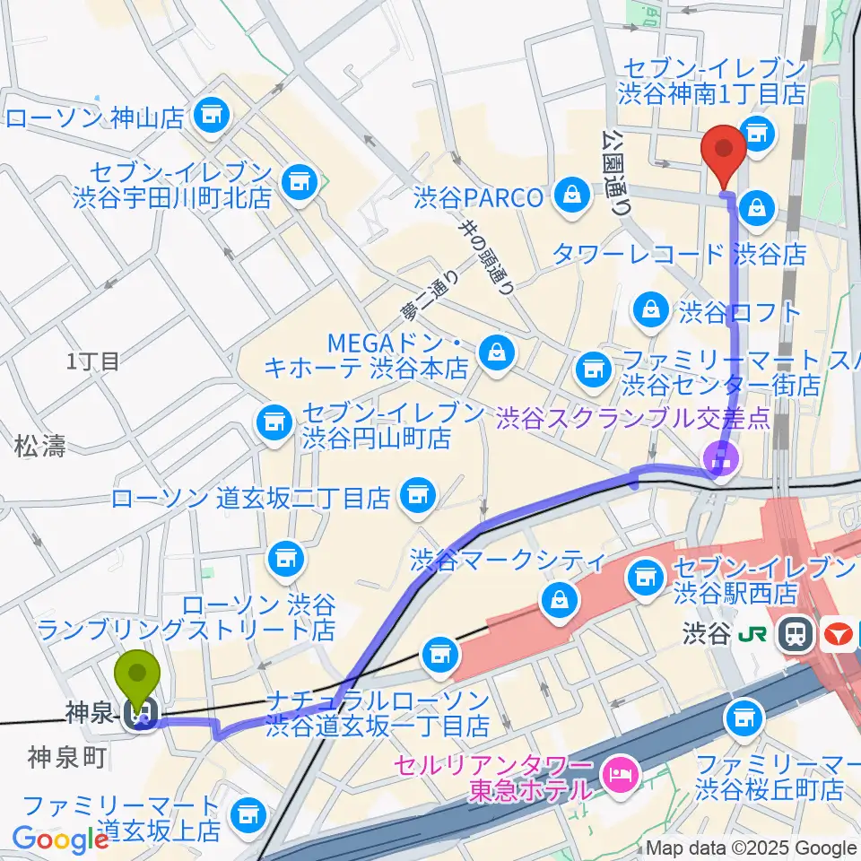 神泉駅からえちごやミュージックへのルートマップ地図