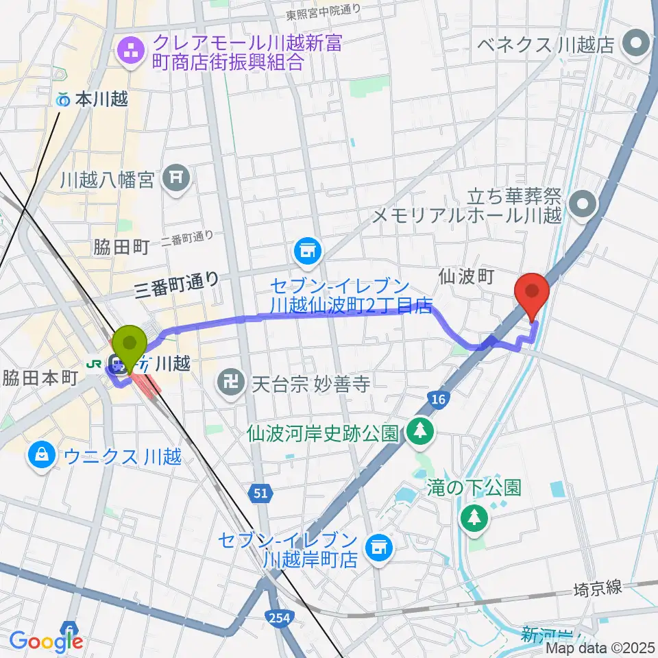 むらやまミュージックの最寄駅川越駅からの徒歩ルート（約19分）地図