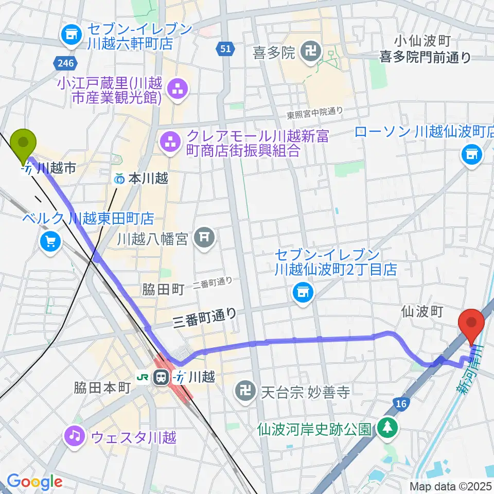 川越市駅からむらやまミュージックへのルートマップ地図