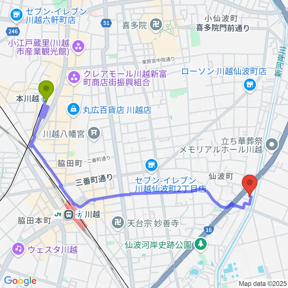 本川越駅からむらやまミュージックへのルートマップ地図