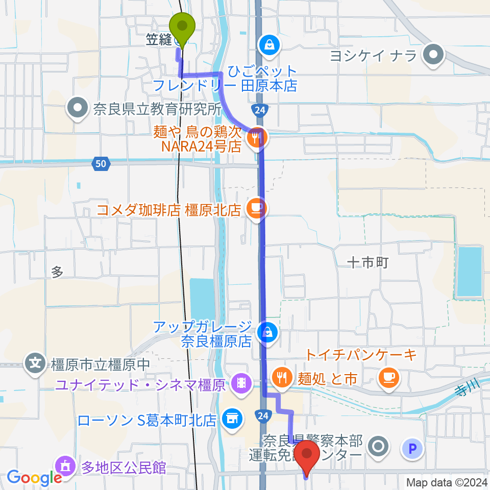 笠縫駅からあおぞら音楽サロンへのルートマップ地図