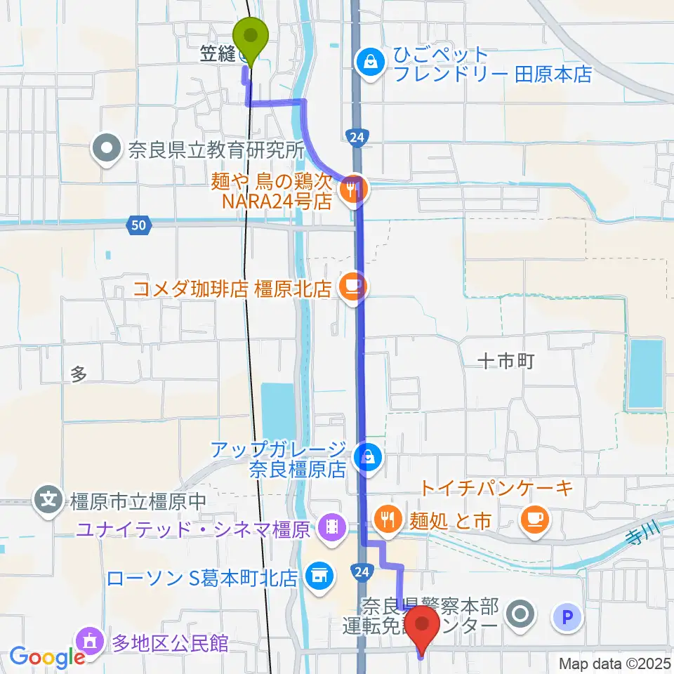 笠縫駅からあおぞら音楽サロンへのルートマップ地図