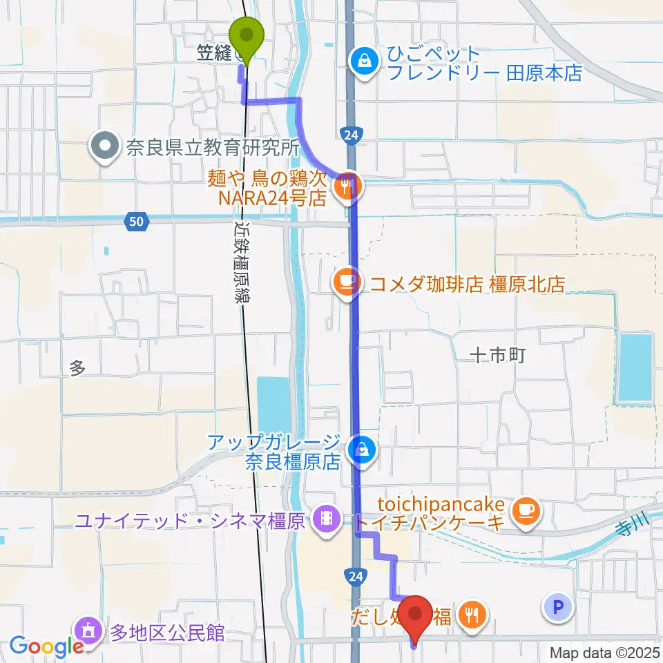 笠縫駅からあおぞら音楽サロンへのルートマップ地図