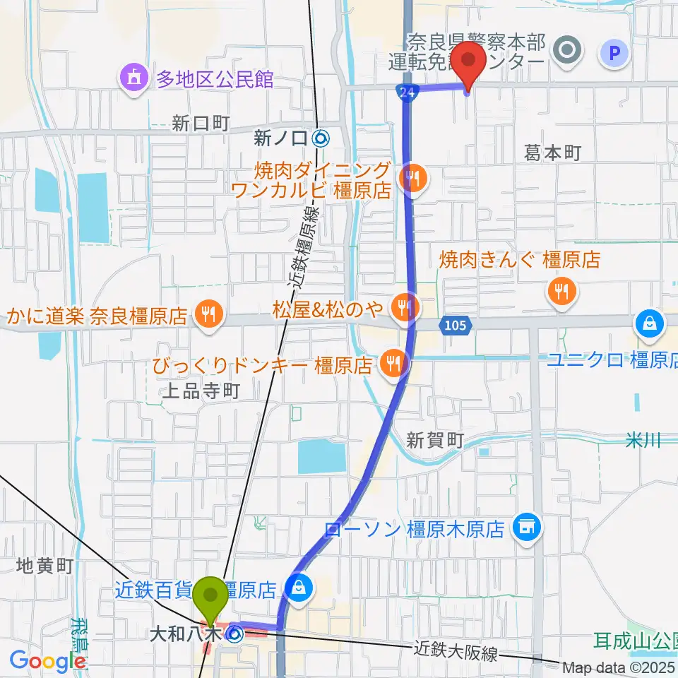 大和八木駅からあおぞら音楽サロンへのルートマップ地図