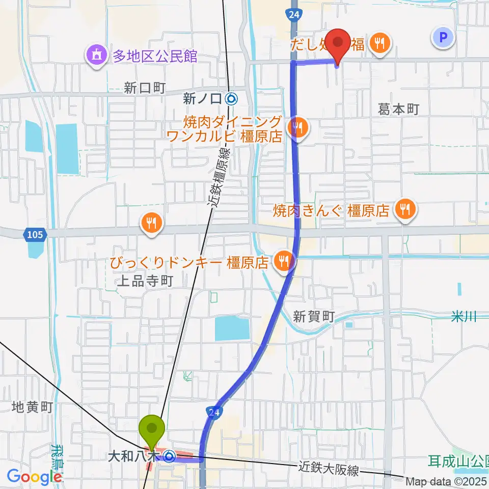 大和八木駅からあおぞら音楽サロンへのルートマップ地図