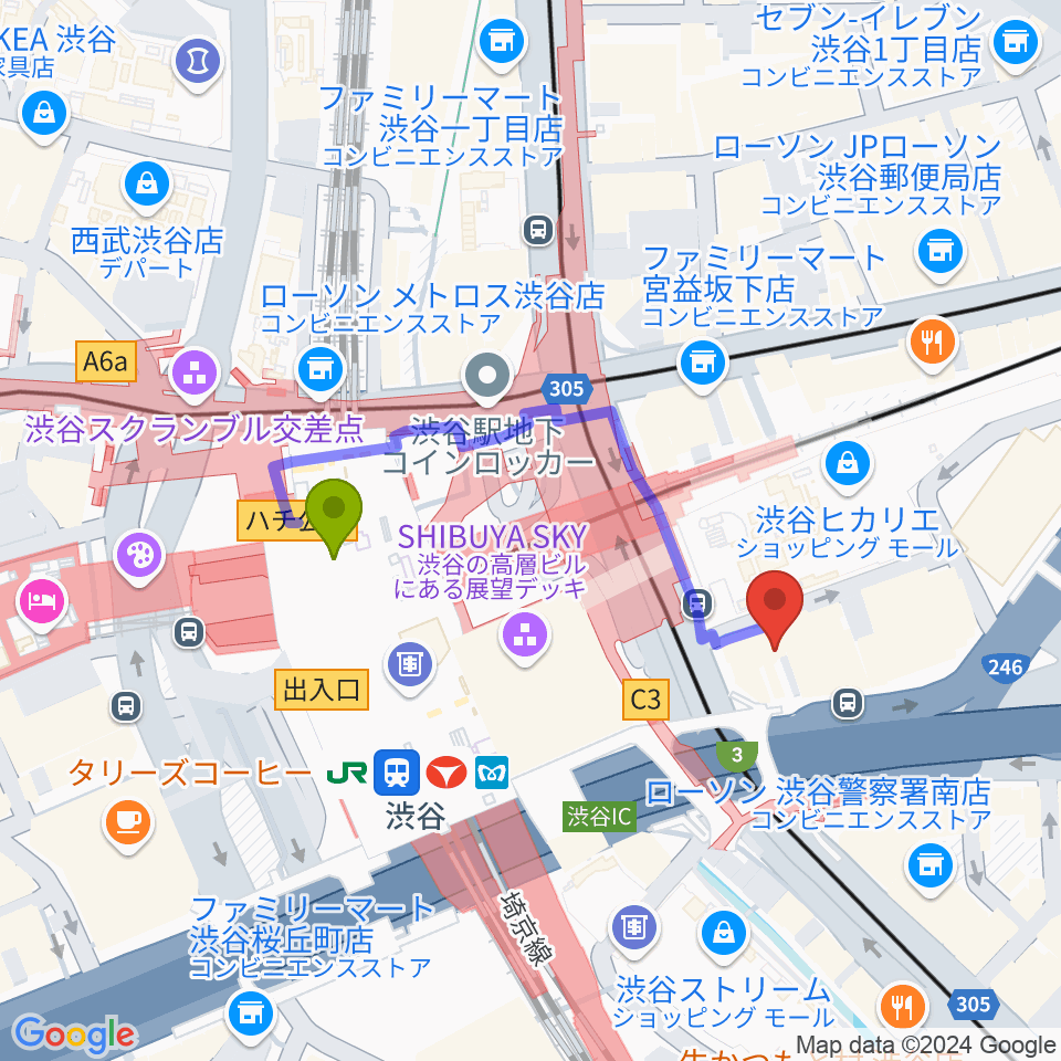 渋谷ウォーキンの最寄駅渋谷駅からの徒歩ルート（約3分）地図