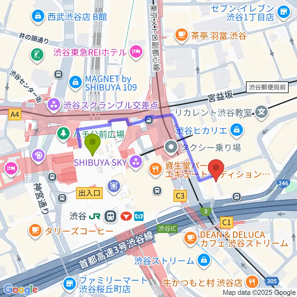 渋谷ウォーキンの最寄駅渋谷駅からの徒歩ルート（約3分）地図