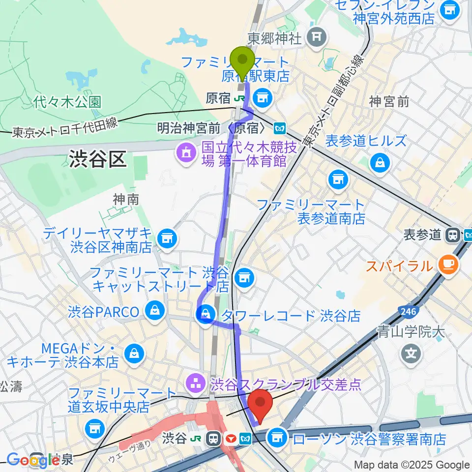 原宿駅から渋谷ウォーキンへのルートマップ地図