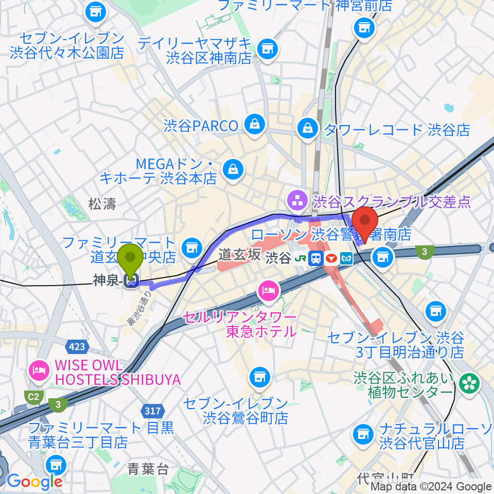 神泉駅から渋谷ウォーキンへのルートマップ地図