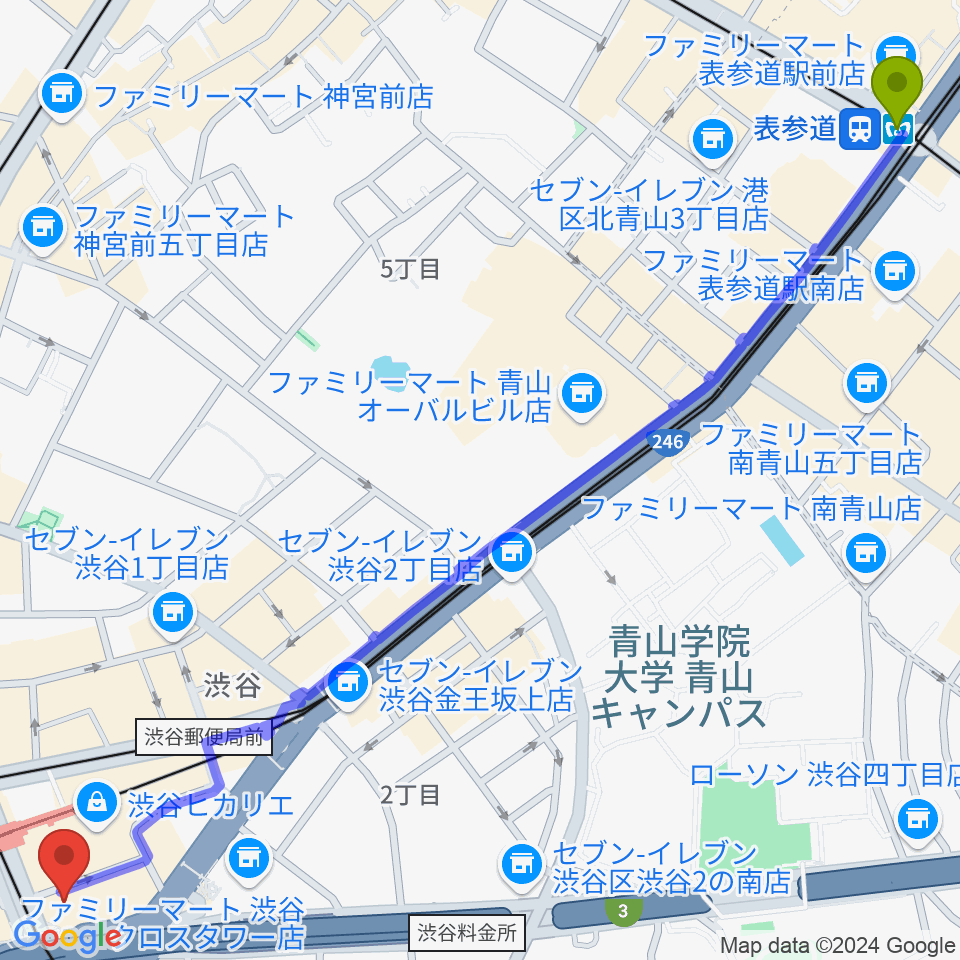 表参道駅から渋谷ウォーキンへのルートマップ地図