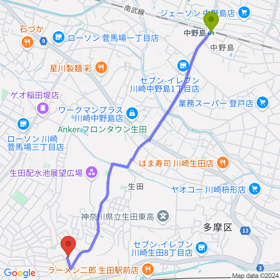 中野島駅からフェリーチェミュージックスクールへのルートマップ地図