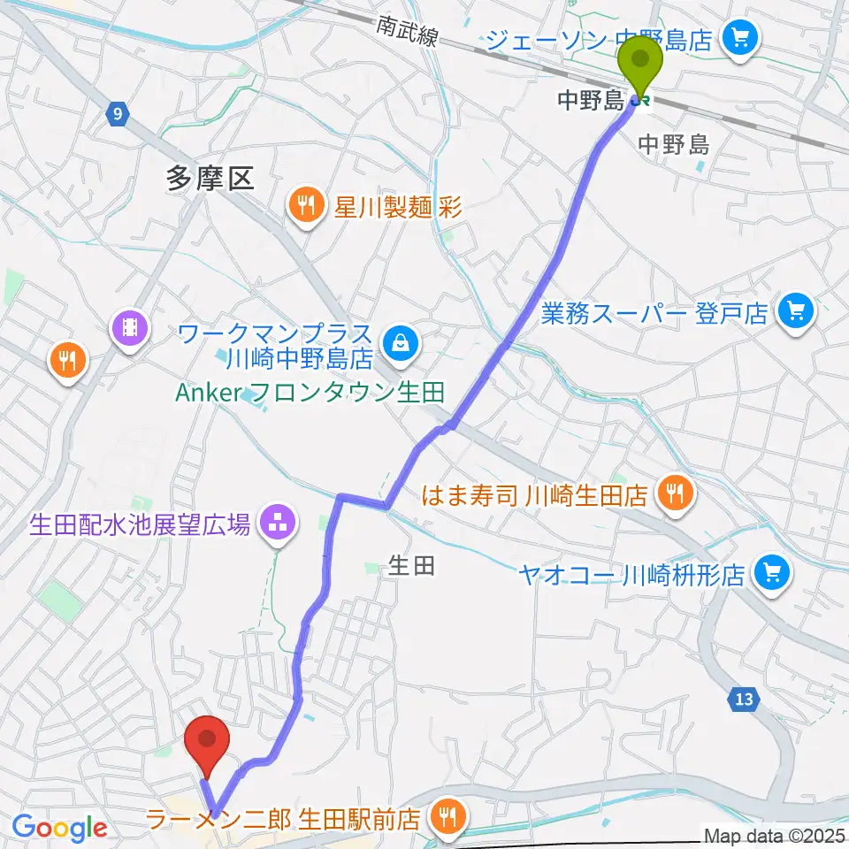 中野島駅からフェリーチェミュージックスクールへのルートマップ地図